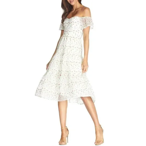 $298 DRESS THE POPULATION River Embroidered Floral Off Shoulder Dress~White~XS - Picture 1 of 10